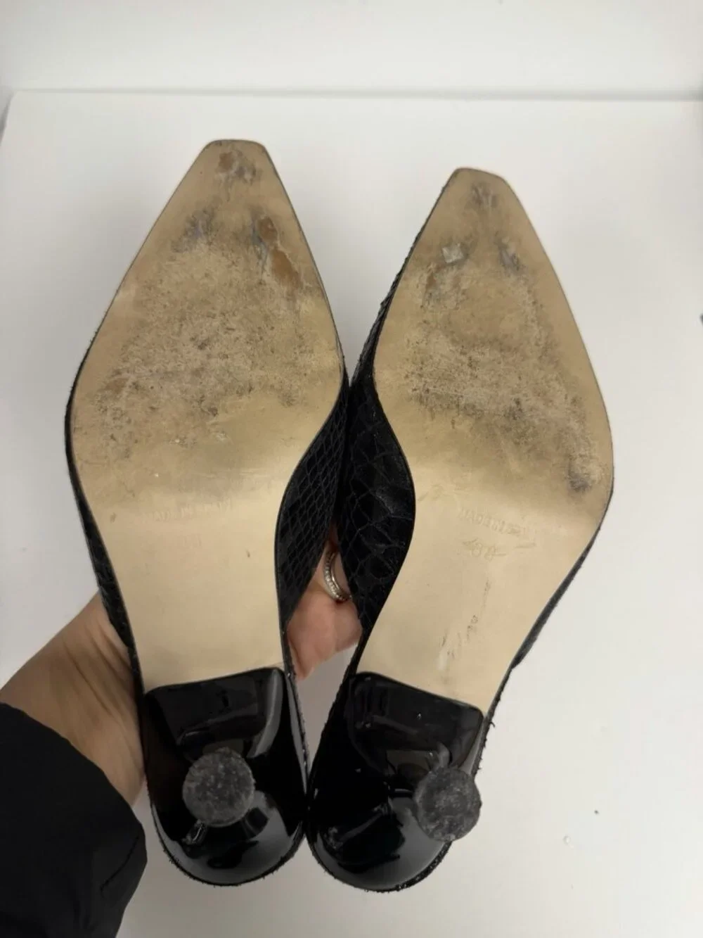 Bloomingdale's Vtg Y2K Kitten Heel Mules Black Leather Pointed Toe Whimsy Goth - Picture 8 of 11